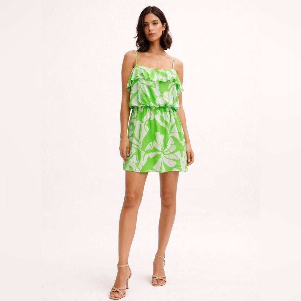 Lilly Pulitzer, green and white 100% silk mini dress with beaded detail. Size 2
